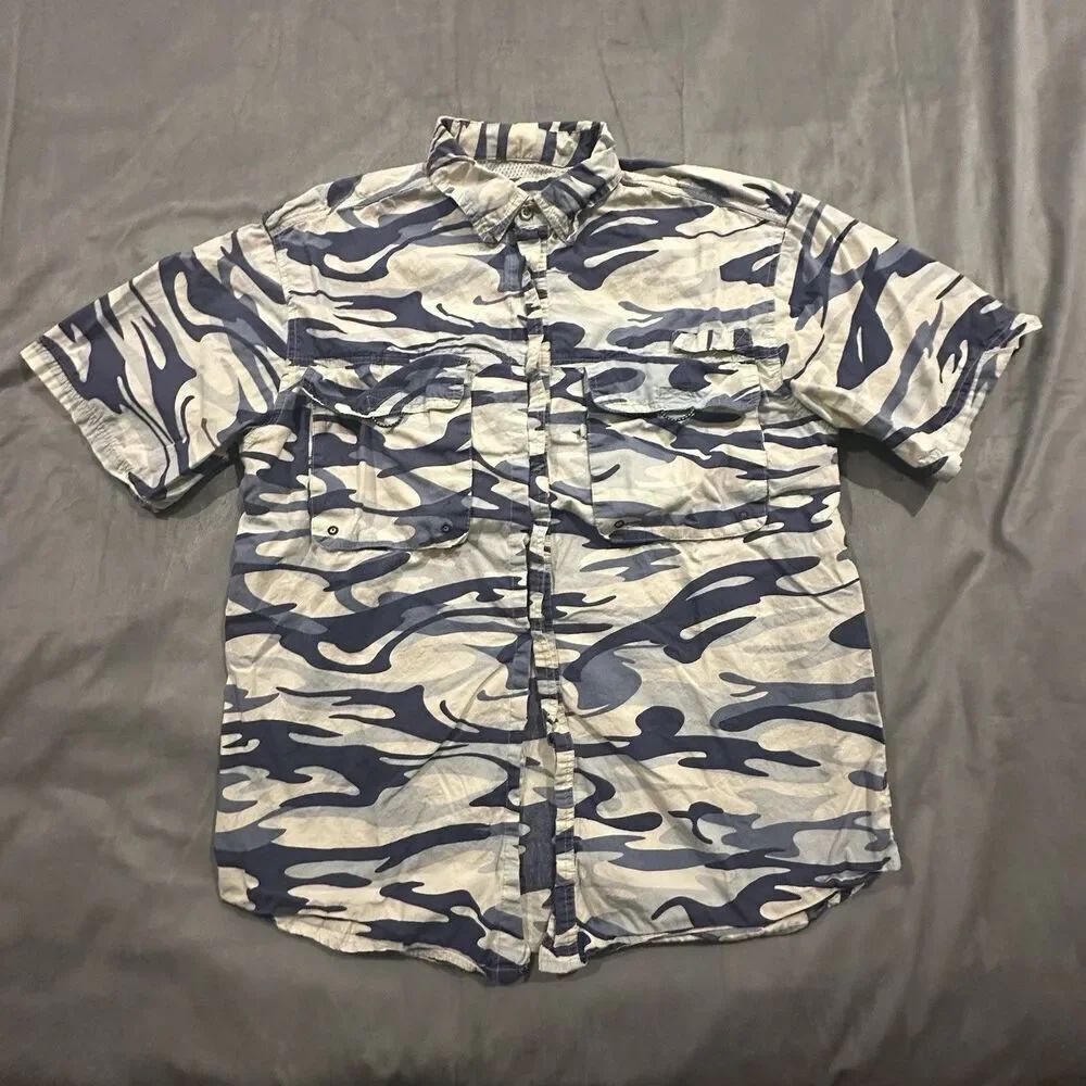 Reel Legends Shirt Mens Medium Blue Camo Button Collar Short Sleeve Fishing
